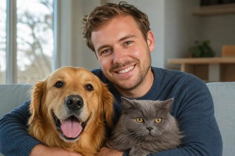 Jordy Vink avec son chien et son chat